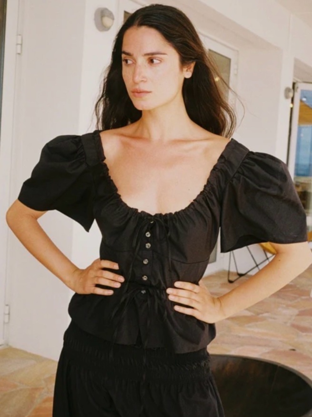 Ciao Lucia Black Puff-Sleeve Tie-Front Peplum Blouse